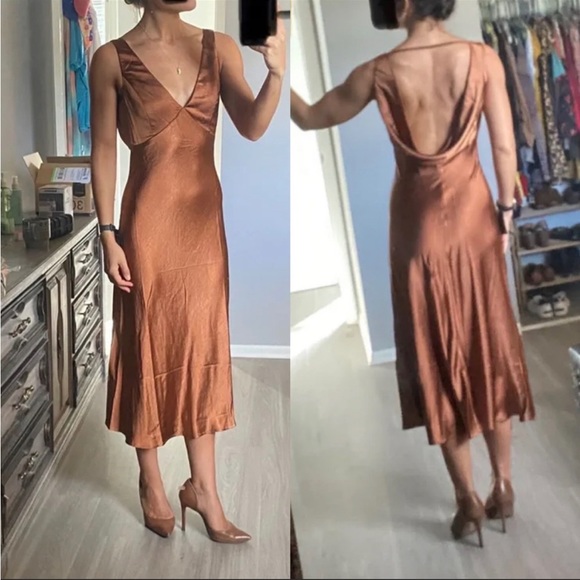Copper Satin Cowl Back Midi Slip Dress 🌿 - Picture 5 of 14